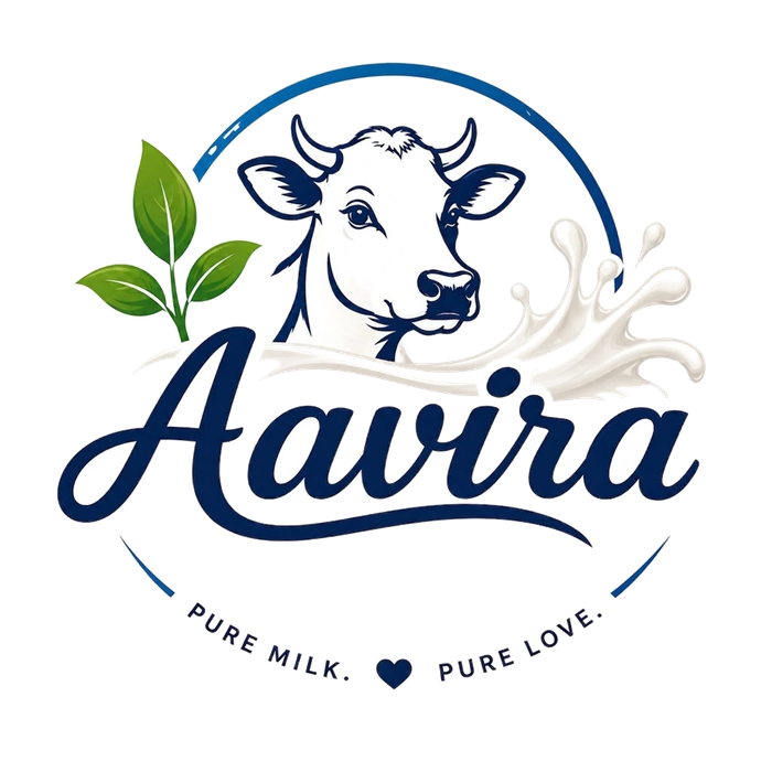Aavira logo: a cow, a green leaf and a splash of milk inside a blue ring, with the tagline Pure Milk. Pure Love.